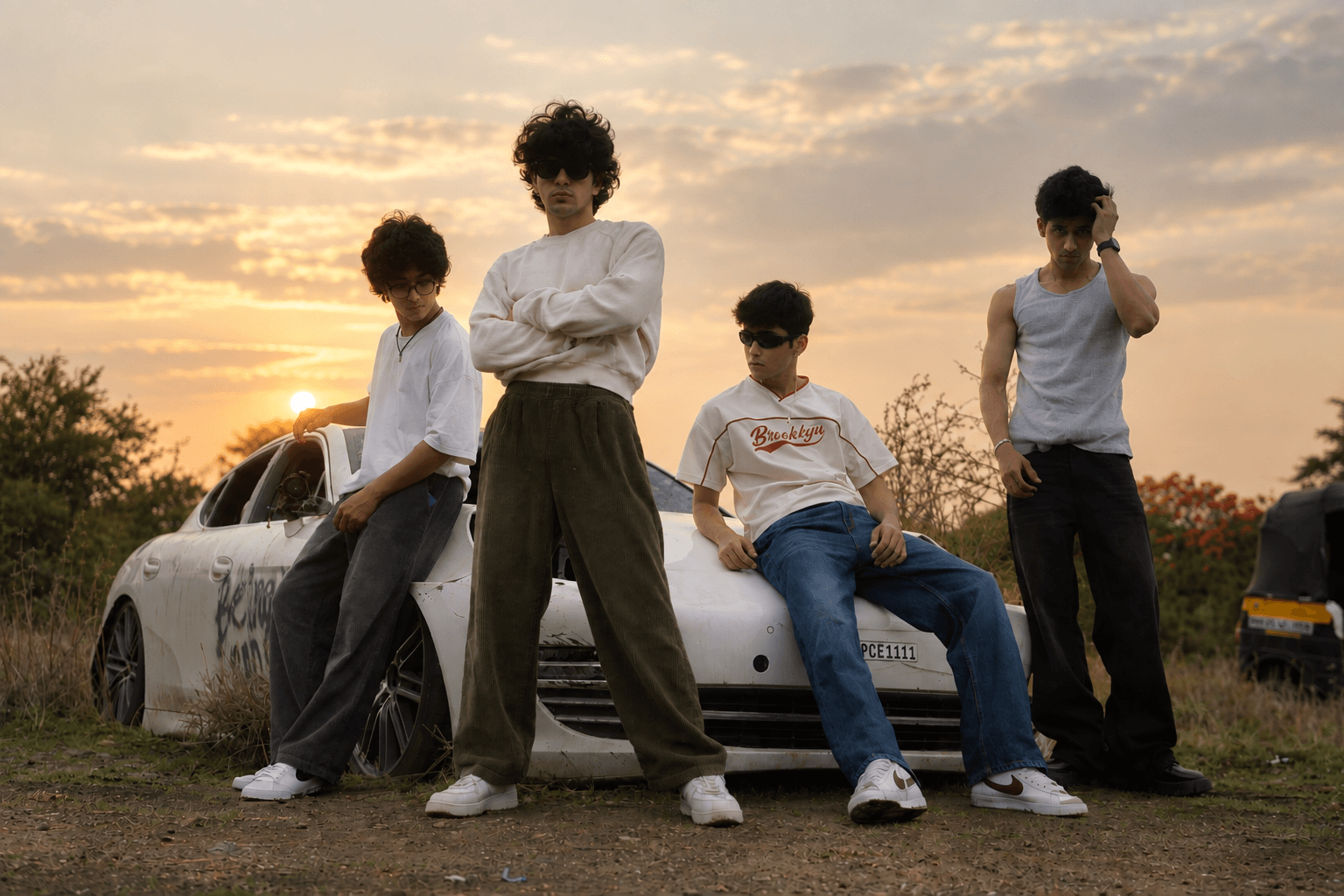 Dark Void jeans worn against a wrecked car at sunset