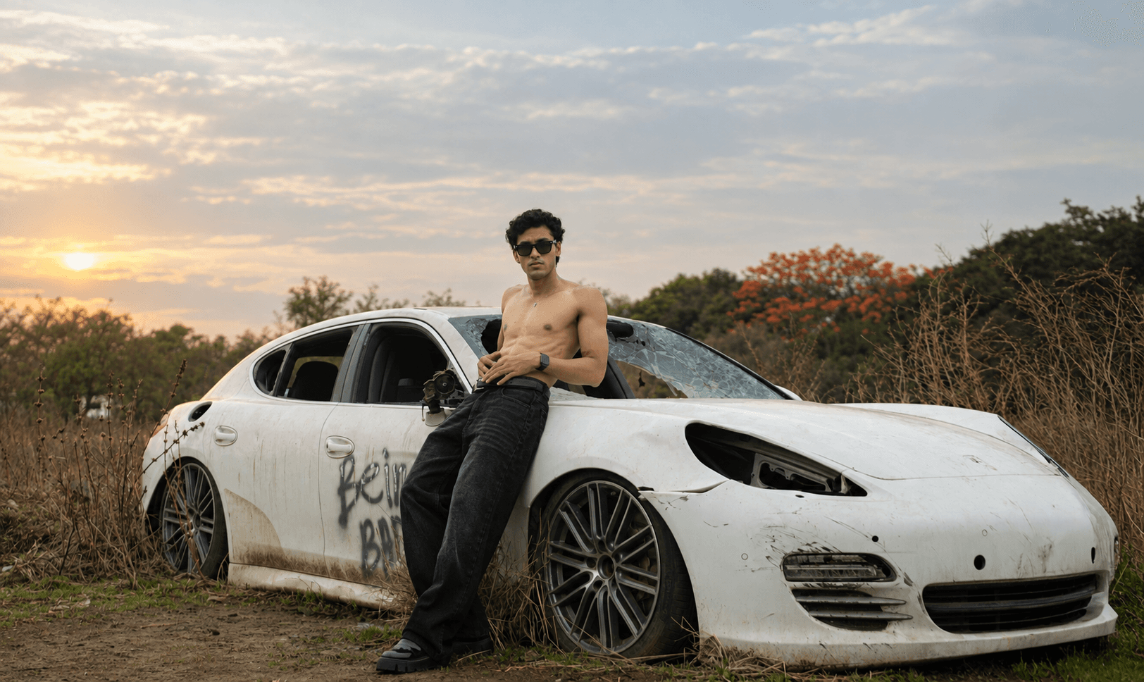 Four models in Drop 01 bottoms against a wrecked car at sunset